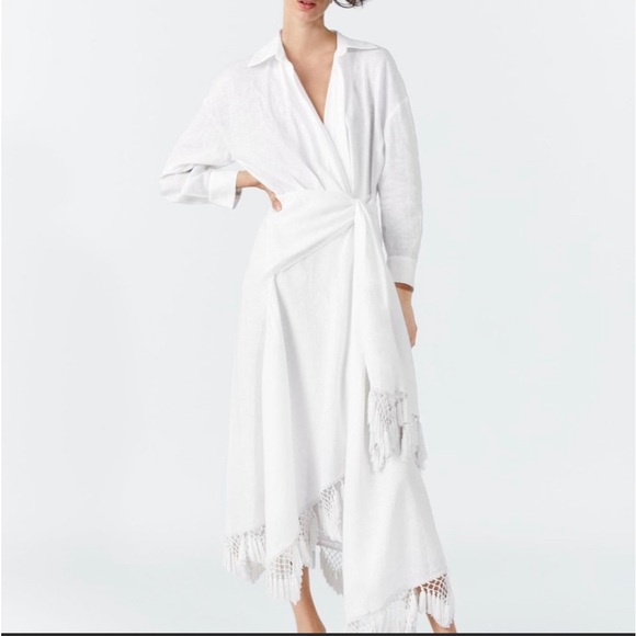 Zara Dresses Zara Fringe Linen Tassel White Shirt Dress Wrap Summer